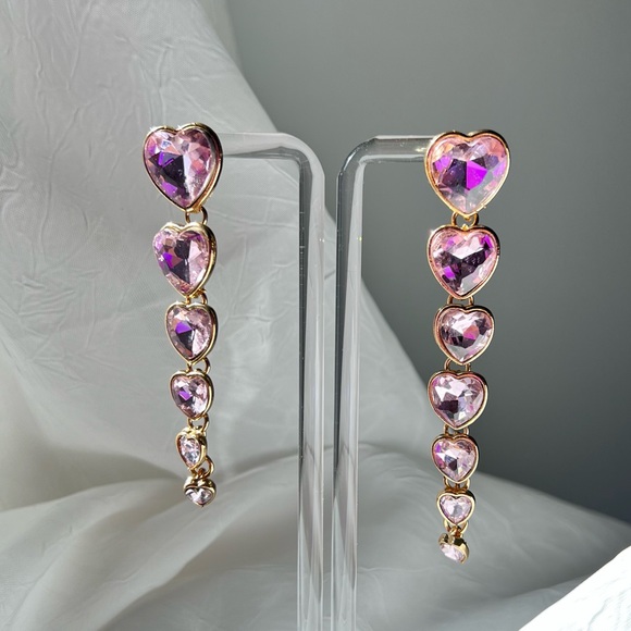 New Light Pink Heart Crystal Long Dangly Drop Earrings Alessandra Rich Style - Picture 3 of 9